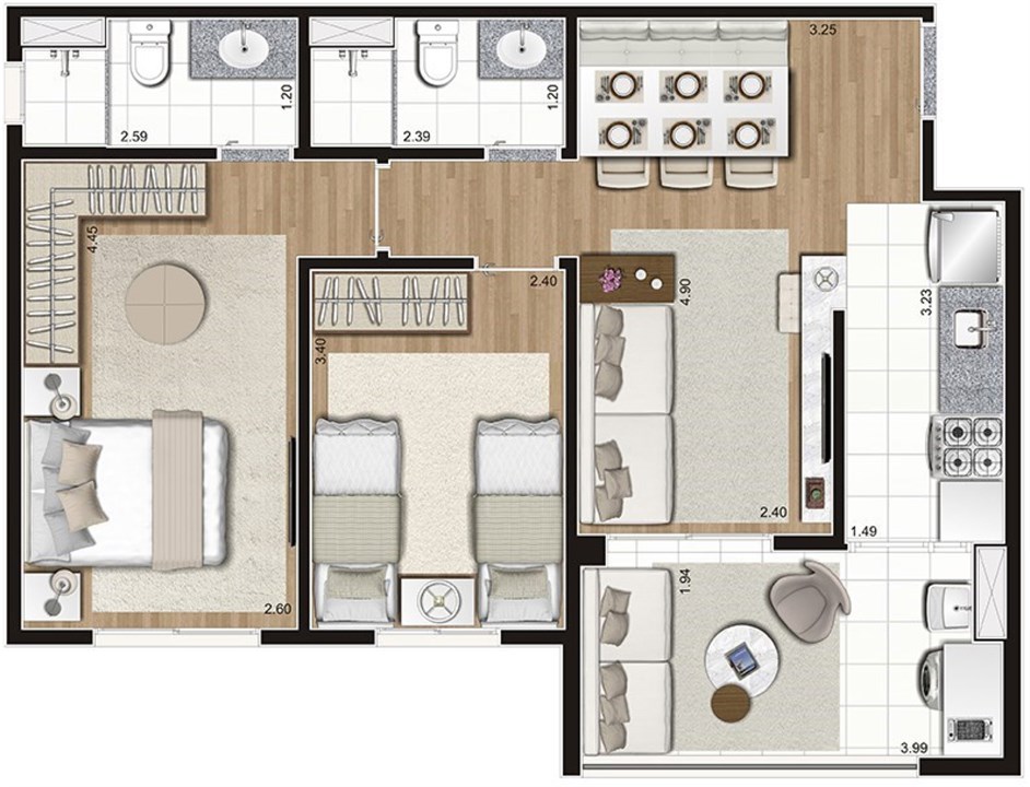 Planta 61 m² | Praças da Cidade – Brás - São Paulo - São Paulo Planta 61 m² | Praças da Cidade – Apartamento no Brás - São Paulo - São Paulo